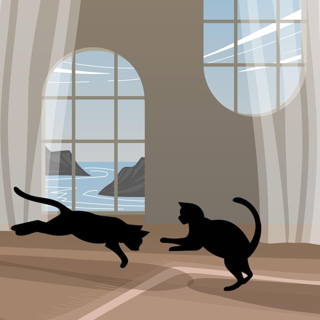 Twee katten die plezier hebben in een fantasiehuis Vector illustratie