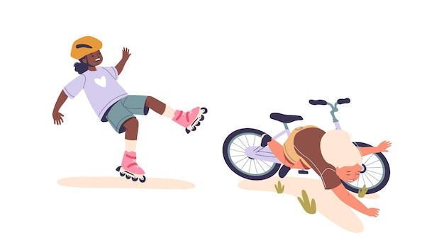 Twee kinderen vallen, het ene van rolschaatsen en het andere van een fiets.