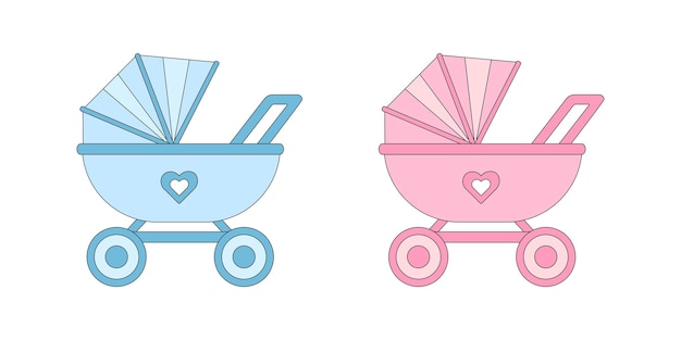 Twee kinderwagens zijn blauw en roze