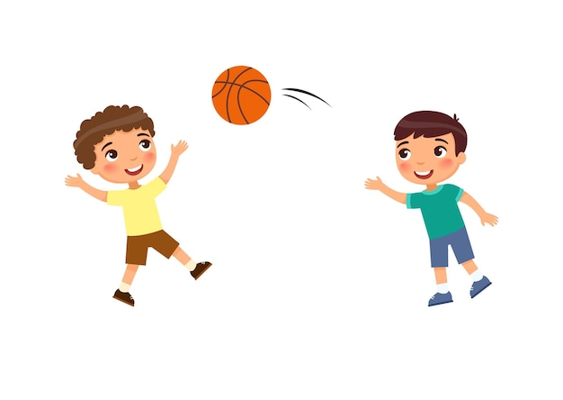 Twee kleine jongens spelen basketbal. kinderen spelen buiten stripfiguur.