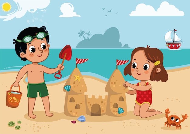 Twee kleine kinderen spelen op het strand outdoor activiteit vectorillustratie