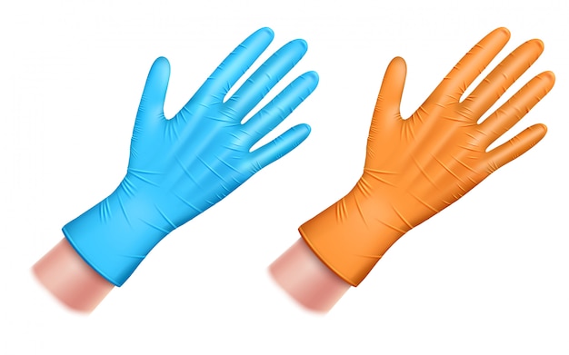 Vector twee latex rubberen handschoenen, blauw en oranje. hand in een rubberen handschoen.