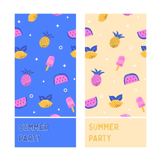 Twee lay-outs voor uitnodigingen en kaartjes voor een zomerfeest met zomerpatroon
