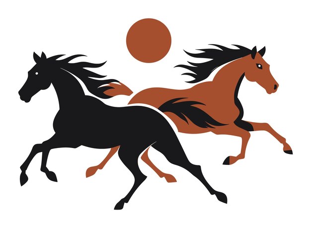 Twee lopende paarden, een zwarte en een bruine met een gestileerde zon, paardensportvrijheidsconceptvector.