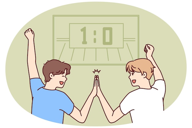 Twee mannelijke voetbalfans kijken naar een wedstrijd op tv en verheugen zich na het doelpunt van het favoriete team of een succesvolle wedstrijd