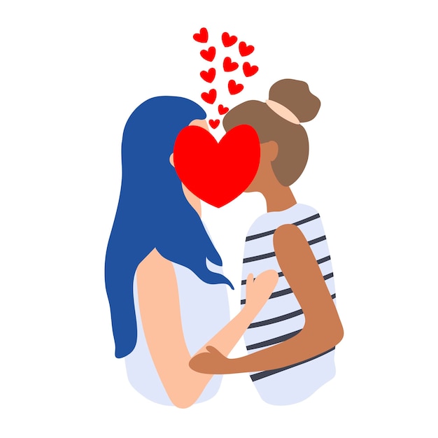 Vector twee meisjes kussen lesbiennes zachte knuffel en kus vrouw met lang blauw haar en haarlok