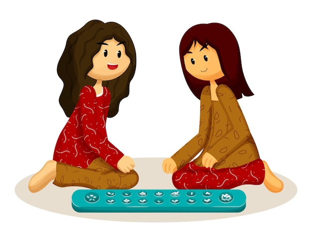 Vector twee meisjes spelen congklak indonesisch traditioneel spel