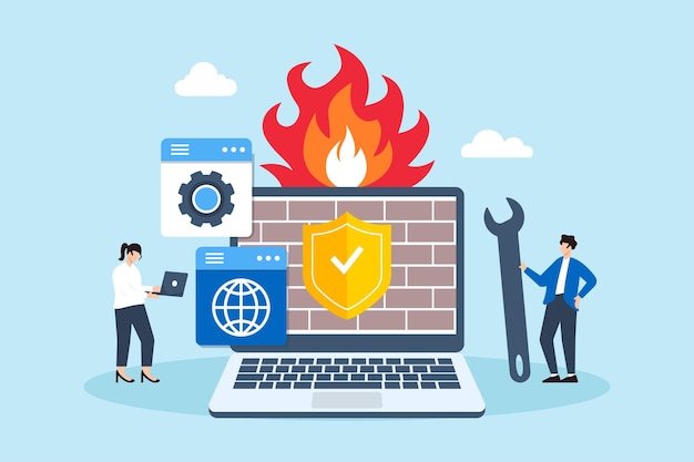 Twee mensen die firewall-instellingen configureren, netwerkbeveiliging en het blokkeren van ongeoorloofde toegang