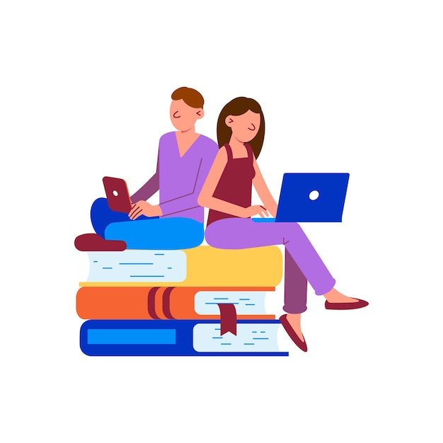 Twee mensen die online studeren met laptops die op een stapel boeken plat zitten