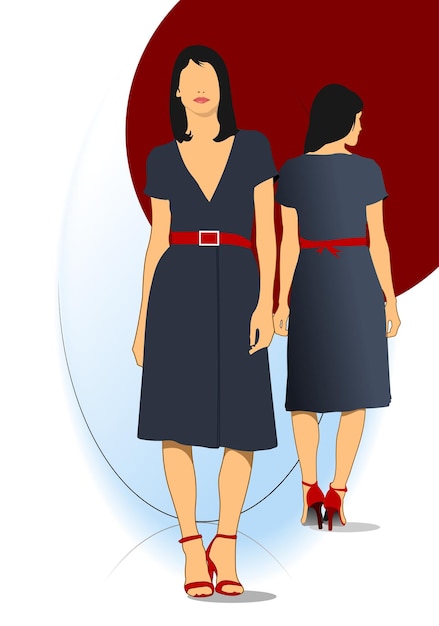 Twee modieuze vrouwen in paarse jurken poseren met handen in de zakken.