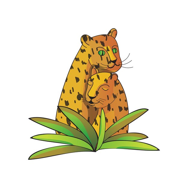 Twee mooie luipaarden en groene tropische bladeren Grote wilde katten met gevlekte lichamen Dierentuin thema Grafisch ontwerp voor briefkaart Hand getekende vectorillustratie met hellingen geïsoleerd op witte achtergrond