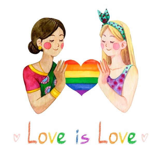 Vector twee multiculturele meisjes met lgbt-gemeenschap regenboog hart aquarel clipart geïsoleerd op wit