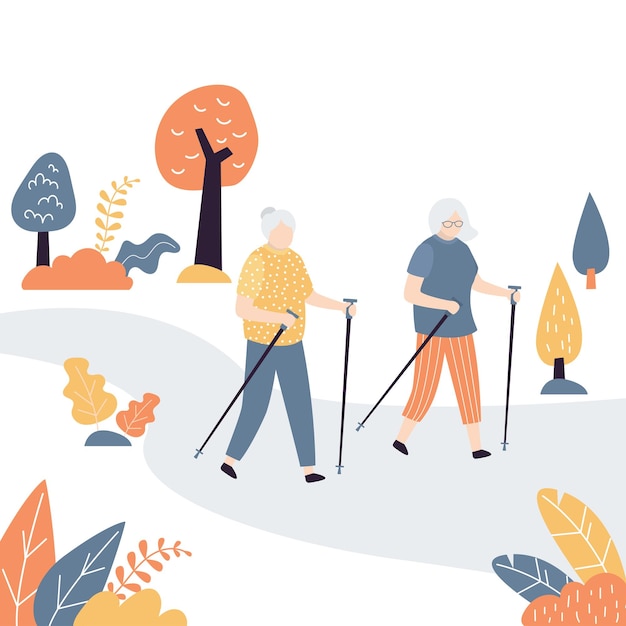 Twee oudere vrouwen maken een noordelijke wandelende Scandinavische wandelende in het park vector illustratie
