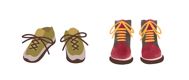 Twee paar kleurrijke herfst schoenen hand getekend in aquarel stijl geïsoleerd op wit. cartoon sneakers en laarzen vooraanzicht platte vectorillustratie. casual stijlvol seizoensschoeisel.