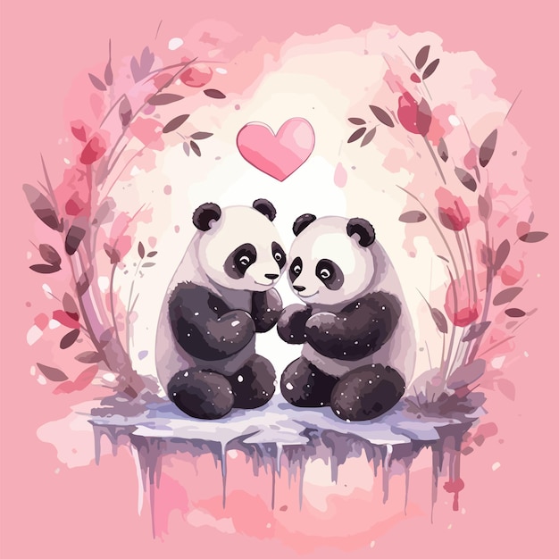 Twee panda's verliefd op een aquarel harten en planten achtergrond