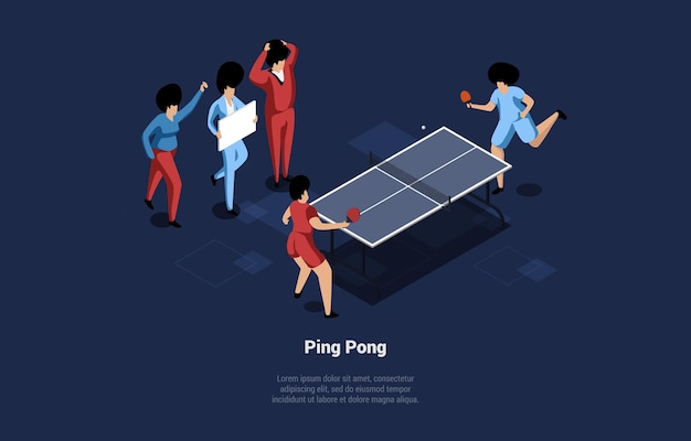 Twee pingpongspelers illustratie. mensen in uniform speelspel met rackets, bal en tafel