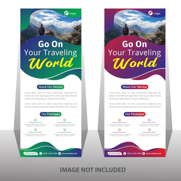 Vector twee posters voor een reisbureau genaamd go on your travelling world.