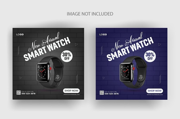 Twee posters voor smartwatch en een zwarte smartwatch