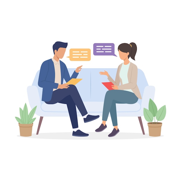 Twee professionals bespreken hun bedrijfsflat illustratie