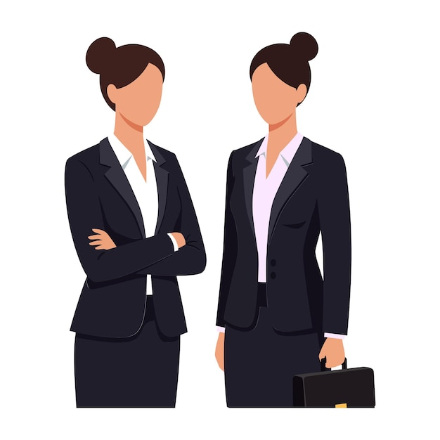 Twee professionele vrouwen in zakelijke pakken die een gesprek voeren met een zelfverzekerd gedrag in een platte vectorillustratie