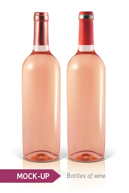 Twee realistische fles rose wijn op een witte achtergrond met reflectie en schaduw.