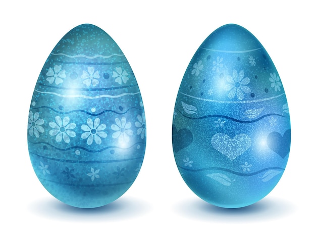 Vector twee realistische paaseieren met verschillende oppervlaktetextuur, patronen en vakantiesymbolen in lichtblauwe kleuren. met schaduwen op witte achtergrond