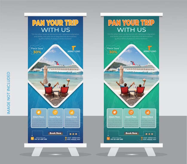 Vector twee reclameposters voor een strandresort met een man erop