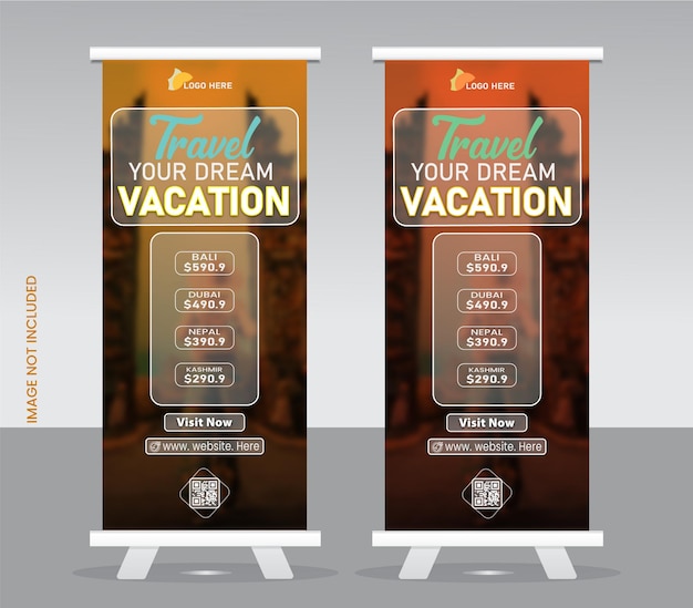 Vector twee roll up banners voor je droomsreizen en vakantiereizen.
