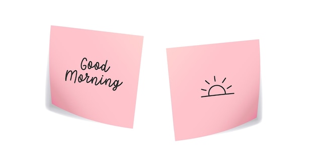 Twee roze stickers met geschreven Good Morning-bericht en zonsondergangtekening