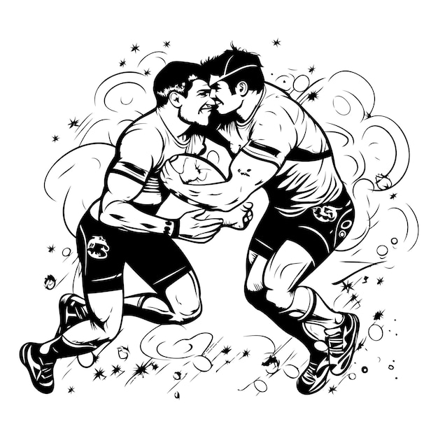 Twee rugbyspelers vechten om de bal Zwart-wit vector illustratie