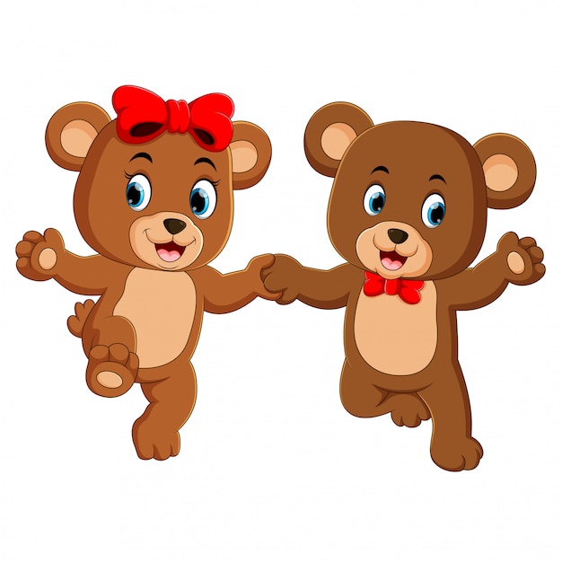 twee schattige beren die elke hand vasthouden met de blije gezichten