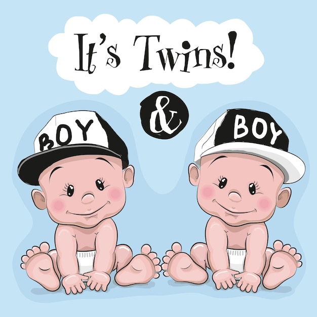 Vector twee schattige cartoon tweeling jongens op een blauwe achtergrond