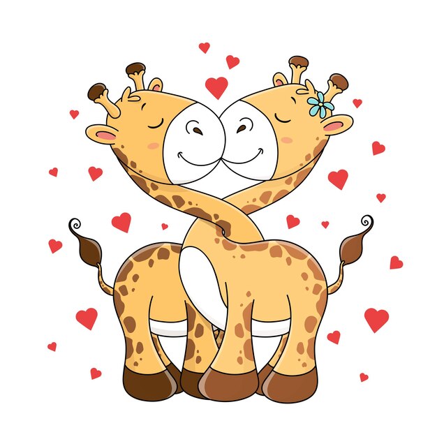 Twee schattige giraffen kussen op de achtergrond van harten Valentijnsdag Valentijnskaart Vector art