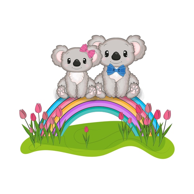 Twee schattige koala's zitten op een regenboog. vectorillustratie van een schattig dier.