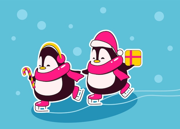 Twee schattige pinguïns van kerstpersonages in de beker van de kerstman met geschenken die aan de handen schaatsen op de ijsbaan