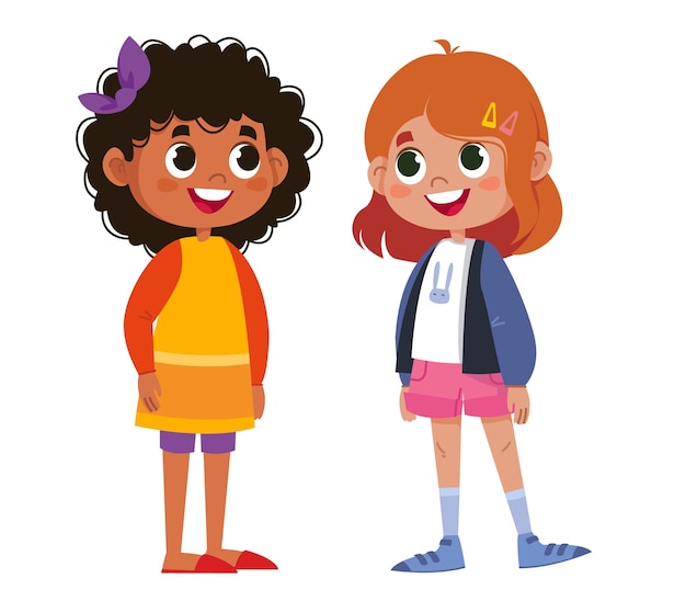 Twee schoolkinderen spreken vector. Kinderen lachen en spelen. De zwarte vrouw is mooi. Twee meisjes staan tekenfilms. Illustratie grappige clipart set schattige set