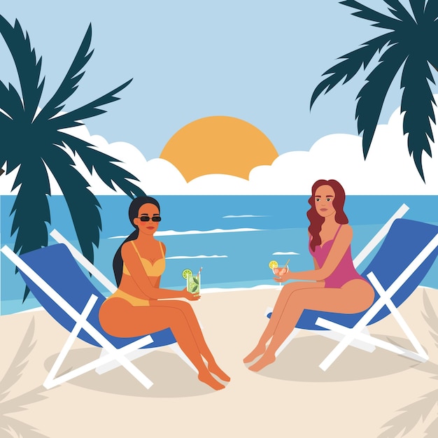 Vector twee sexy jonge meisjes op het strand cocktails drinken vrouwelijke personages in de buurt van de zee vectorillustratie