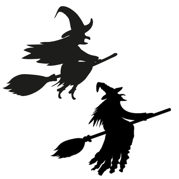 Vector twee silhouetten van een heks op een bezemsteel