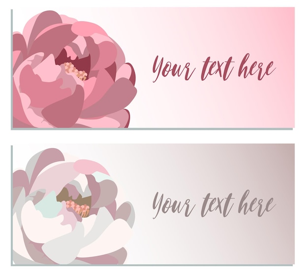 Twee sjablonen voor wenskaarten met roze en witte pioenrozen, inclusief copyspace