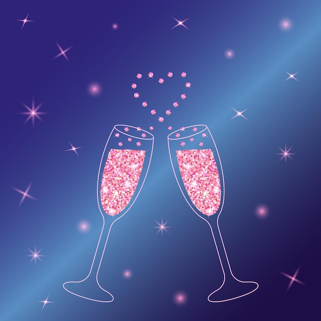 Twee sprankelende glazen champagne met roze glitter en hartvormige plons celebration concept