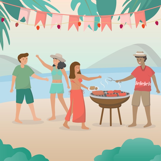 Twee stellen zijn uitgenodigd om te picknicken en een strandbarbecuefeest te houden en een barbecue-illustratie te grillen