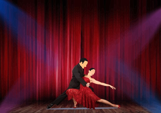 Twee tango dansers voeren een dramatische en gepassioneerde dans uit op een podium verlicht door schijnwerpers voor een rood gordijn