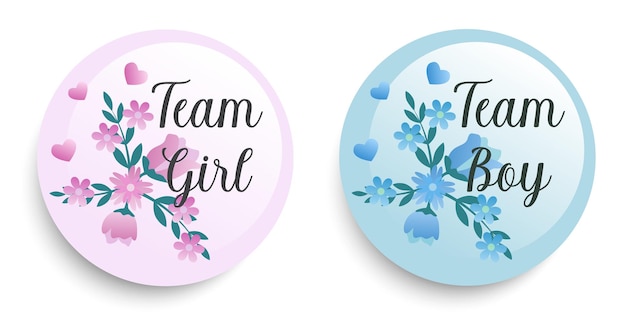 Twee teammeisje en teamjongen roze en blauwe stickers ingesteld voor gender reveal feest geïsoleerd