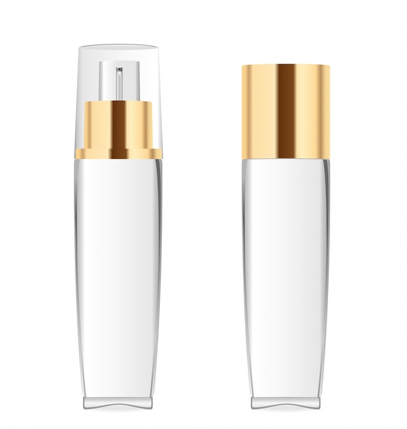 Twee transparante cosmetische flessen met gouden doppen.