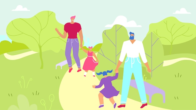 Twee vaders die met dochters in stedelijk park lopen