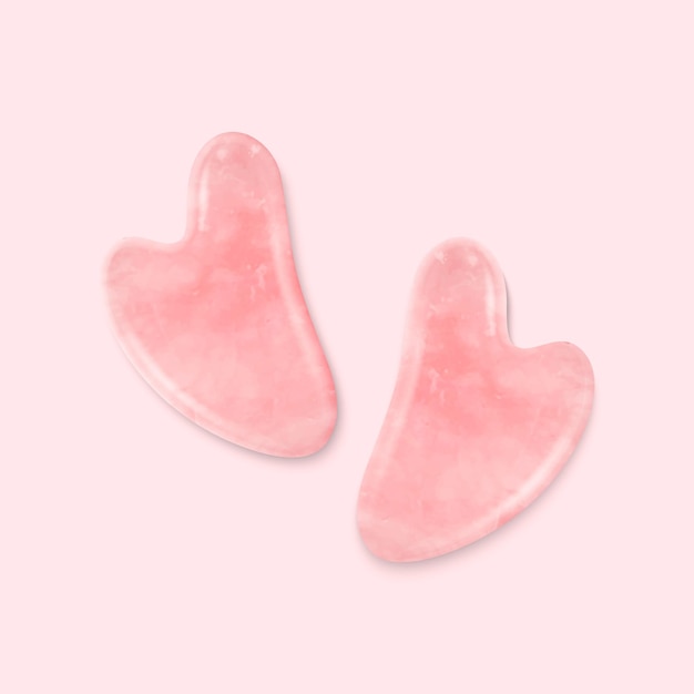 Twee Vector 3D-realistische Gua Sha Jade schrapen Massage Tools close-up op roze natuurlijke roze Rozenkwarts stenen schraper Chinese traditionele Facial Lifting voor vrouw Facial Acupoints bovenaanzicht