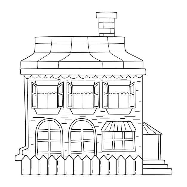 Twee verdiepingen tellend gebouw met een verandahek en schoorsteen in doodle-stijl