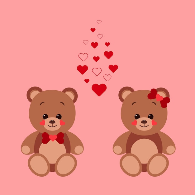 Twee verliefde teddyberen zitten tussen vele kleine rode hartjes Het concept van Valentijnsdag Platte vectorillustratie geïsoleerd op een rode achtergrond