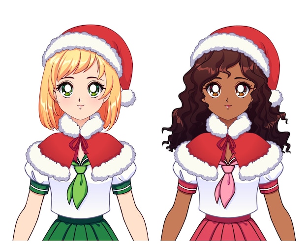 Twee verschillende etnische animemeisjes die japanse schooluniform en kerstmuts dragen