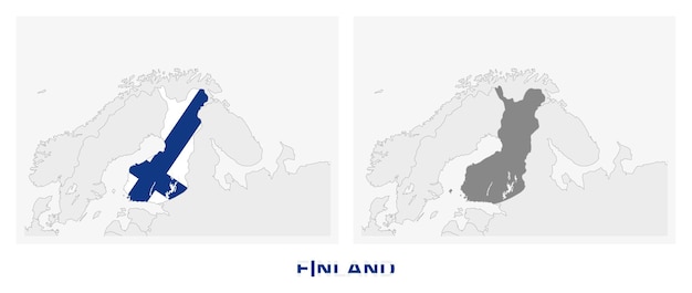 Twee versies van de kaart van Finland met de vlag van Finland en gemarkeerd in donkergrijs